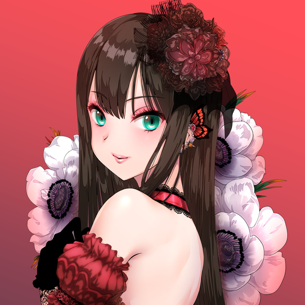 Anime picture 1050x1050 with idolmaster idolmaster cinderella girls shibuya rin maou (demonlord) single long hair looking at viewer fringe simple background hair between eyes brown hair bare shoulders upper body hair flower aqua eyes lips piercing turning head ear piercing bare back