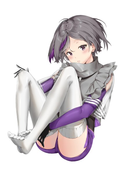 Anime picture 905x1230 with girls frontline contender (girls' frontline) pixel (yuxian) single tall image looking at viewer blush short hair open mouth light erotic simple background white background purple eyes full body bent knee (knees) multicolored hair grey hair two-tone hair no shoes streaked hair