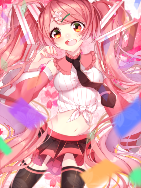 Anime picture 1200x1600 with vocaloid hatsune miku sakura miku motsuni (lxxe1120) single tall image looking at viewer blush open mouth twintails pink hair very long hair nail polish midriff orange eyes front-tie top pink nail polish girl thighhighs skirt