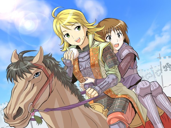 Anime picture 1280x960 with idolmaster hoshii miki hagiwara yukiho g-tetsu armor horse onigiri