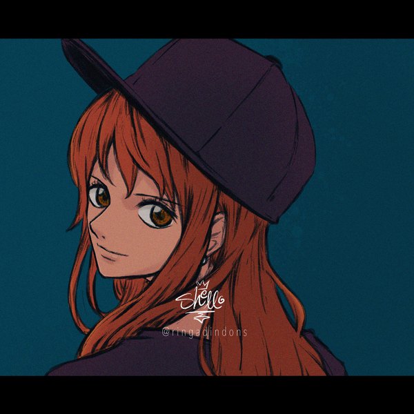 Anime picture 2048x2048 with one piece toei animation nami (one piece) sherumaru (korcht06) single long hair looking at viewer fringe highres simple background hair between eyes brown eyes signed upper body looking back from behind orange hair twitter username girl baseball cap