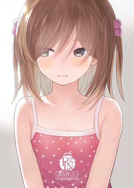 Anime picture 713x1000 with original capriccio single tall image blush fringe short hair simple background hair between eyes brown hair bare shoulders green eyes signed payot looking away upper body grey background loli two side up embarrassed