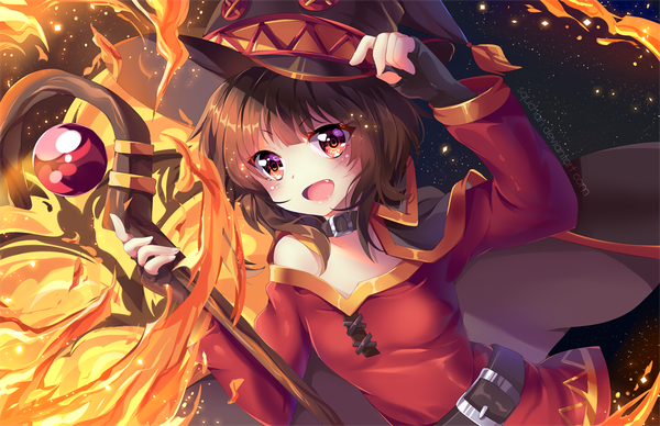 Anime picture 1250x809 with kono subarashii sekai ni shukufuku wo! studio deen megumin squchan single long hair looking at viewer blush open mouth smile brown hair brown eyes signed magic shaded face adjusting hat girl dress gloves hat