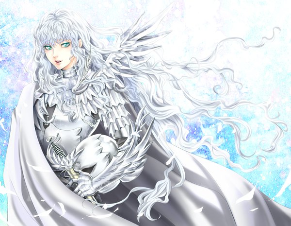 Anime picture 2000x1551 with berserk griffith tamari (flawless) single long hair looking at viewer blush highres open mouth silver hair aqua eyes wind wavy hair boy weapon sword armor feather (feathers) helmet