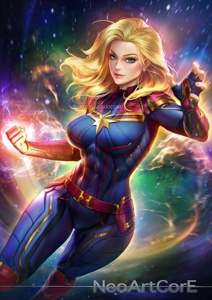 Anime picture 900x1273 with marvel comics captain marvel carol danvers nudtawut thongmai single long hair tall image looking at viewer blush breasts blue eyes blonde hair signed lips realistic lipstick floating hair fighting stance aura superhero