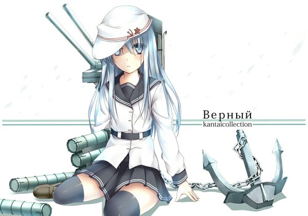 Anime picture 1000x700 with kantai collection hibiki destroyer verniy destroyer clock (clockart) single long hair looking at viewer blue eyes white hair hammer and sickle girl thighhighs skirt weapon black thighhighs star (symbol) sailor suit flat cap anchor