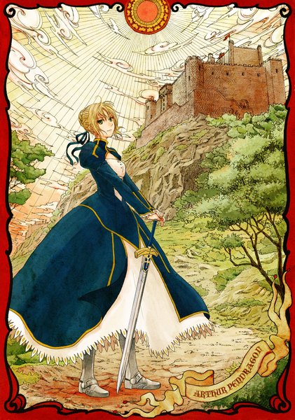 Anime picture 1404x2000 with fate (series) fate/stay night type-moon artoria pendragon (all) saber teito (yukitoki-tatsuhi) single tall image looking at viewer short hair breasts blonde hair green eyes signed cloud (clouds) hair bun (hair buns) framed hill girl dress