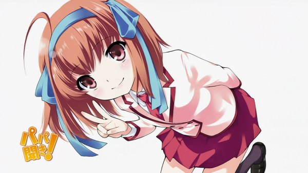 Anime picture 1280x720 with papa no iu koto wo kikinasai! takanashi sora looking at viewer blush short hair simple background smile brown hair wide image white background brown eyes ahoge inscription victory girl skirt uniform ribbon (ribbons) hair ribbon school uniform