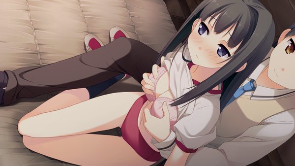 Anime picture 1920x1080 with your diary nagamine tomoki ayase sayuki kantoku long hair blush highres light erotic black hair wide image purple eyes yellow eyes game cg breast grab girl boy uniform gym uniform