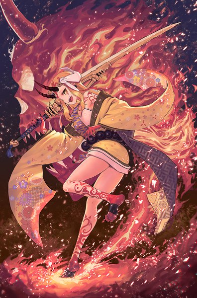 Anime picture 827x1253 with fate (series) fate/grand order ibaraki douji (fate) sion (9117) single long hair tall image looking at viewer open mouth light erotic blonde hair standing holding yellow eyes payot full body traditional clothes japanese clothes profile barefoot