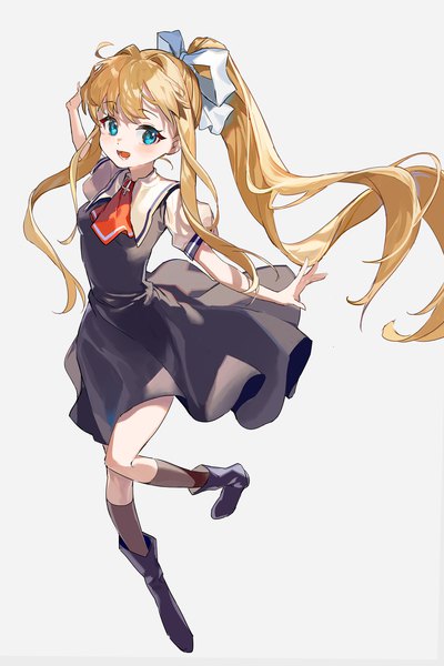 Anime picture 1500x2250 with air key (studio) kamio misuzu karasu btk single tall image blush open mouth blue eyes simple background blonde hair standing payot full body ponytail very long hair :d grey background standing on one leg spread arms