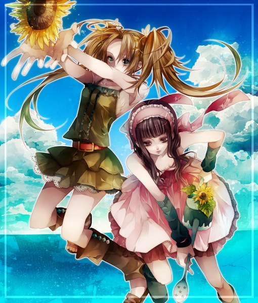 Anime picture 1275x1500 with tsukioka tsukiho long hair tall image blonde hair brown hair twintails multiple girls brown eyes sky cloud (clouds) aqua eyes girl skirt ribbon (ribbons) 2 girls water hairband sunflower