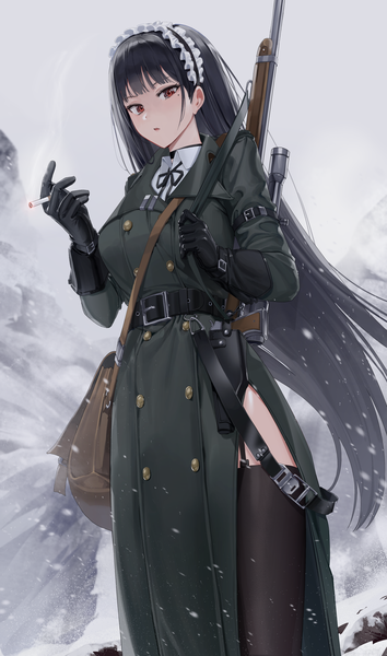 Anime picture 2950x5000 with original goback single long hair tall image looking at viewer fringe highres open mouth black hair red eyes standing outdoors blunt bangs mole mole under eye smoke side slit double buttons girl