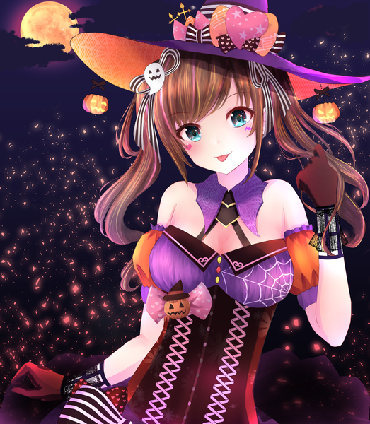 Anime picture 3173x3641 with virtual youtuber a.i. channel kizuna ai nyame (pixiv29755689) single long hair tall image looking at viewer blush fringe highres brown hair twintails bare shoulders absurdres cleavage cloud (clouds) upper body multicolored hair aqua eyes