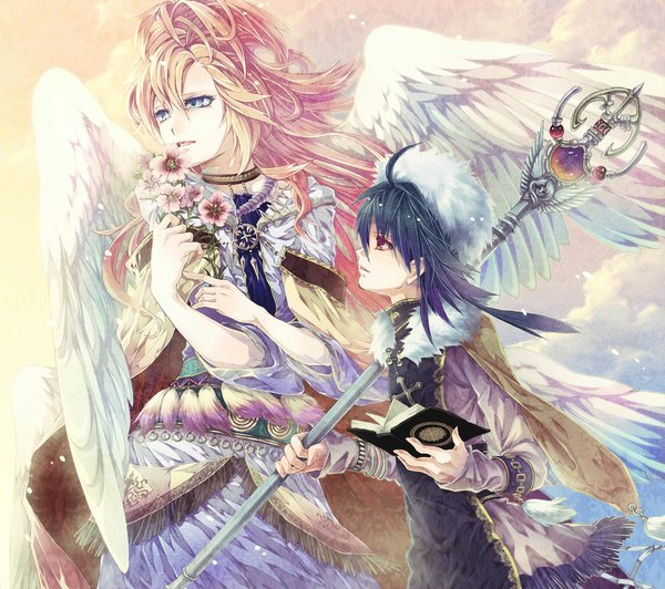 Anime picture 1181x1048 with original yukimichi (nieko) long hair short hair open mouth blue eyes black hair blonde hair red eyes sky cloud (clouds) ahoge profile wind angel wings girl boy flower (flowers) book (books) staff