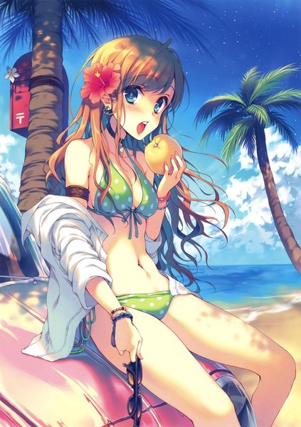 Anime picture 2329x3300 with original eshi 100-nin ten reia single long hair tall image looking at viewer blush highres open mouth blue eyes light erotic brown hair sitting holding sky scan summer sunglasses removed girl