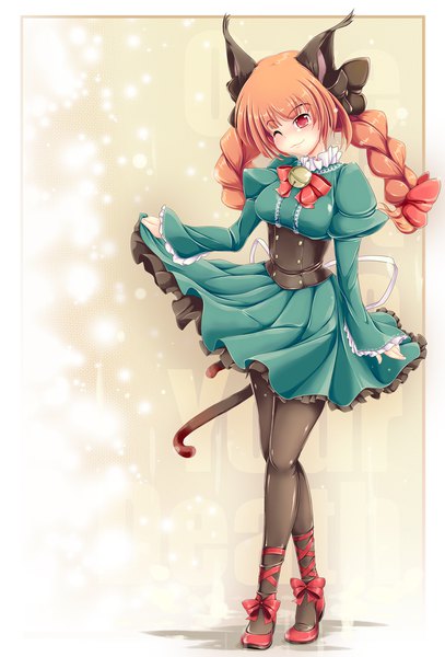 Anime picture 1220x1800 with touhou kaenbyou rin ichirino minagi single long hair tall image looking at viewer breasts smile red eyes standing animal ears full body red hair tail braid (braids) long sleeves one eye closed cat ears wide sleeves