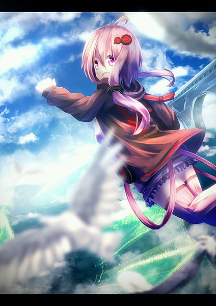 Anime picture 1059x1500 with vocaloid yuzuki yukari kgynu single long hair tall image fringe open mouth smile hair between eyes purple eyes twintails looking away sky purple hair cloud (clouds) ahoge bent knee (knees) looking back arm up