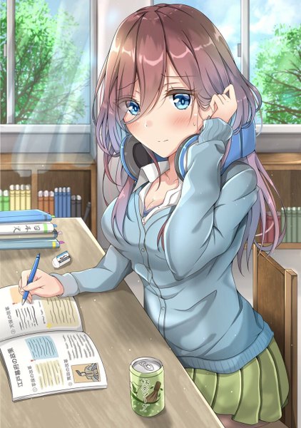 Anime picture 938x1334 with go-toubun no hanayome nakano miku sunsun2812 single long hair tall image looking at viewer blush fringe blue eyes hair between eyes brown hair sitting holding indoors pleated skirt adjusting hair sweatdrop open collar headphones around neck