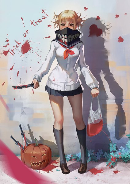 Anime picture 1181x1671 with boku no hero academia studio bones toga himiko pauld single tall image looking at viewer short hair blonde hair brown eyes full body shadow hair bun (hair buns) halloween covered mouth bloody clothes blood stains bloody weapon trick or treat girl