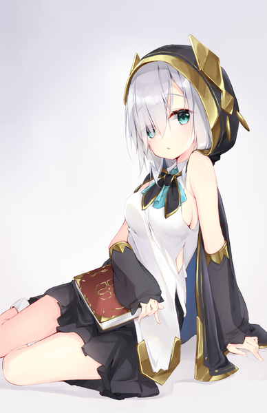 Anime picture 1100x1700 with virtual youtuber nijisanji ars almal t-bth single tall image looking at viewer blush fringe short hair breasts simple background sitting bare shoulders silver hair full body long sleeves head tilt pleated skirt aqua eyes