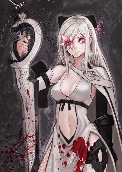 Anime picture 1000x1414 with drakengard drag-on dragoon 3 zero (drag-on dragoon) ryu0120 single long hair tall image fringe holding silver hair pink eyes grey background hands behind back underbust flower over eye girl dress gloves navel flower (flowers)