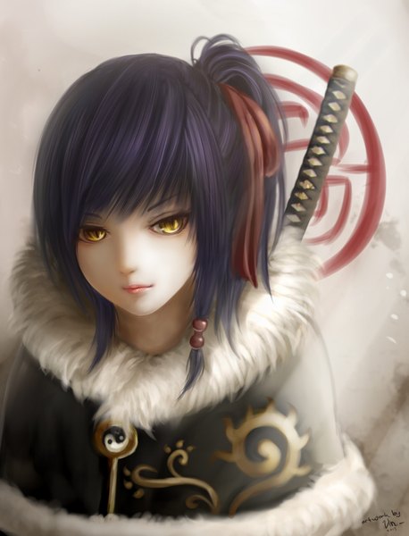 Anime picture 1440x1887 with original jurrig single tall image looking at viewer short hair black hair yellow eyes traditional clothes girl weapon sword katana fur