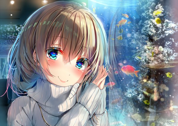 Anime picture 1104x781 with original wingheart single looking at viewer blush fringe short hair blue eyes smile hair between eyes brown hair upper body sleeves past wrists light reflection against glass girl animal sweater fish (fishes)