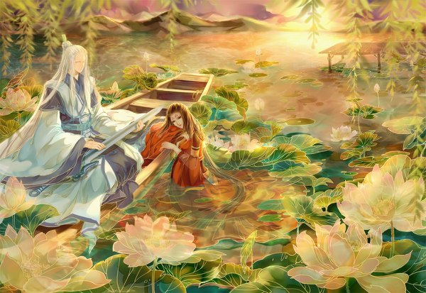 Anime picture 1200x826 with tagme (copyright) tagme (artist) long hair brown hair holding silver hair traditional clothes sunlight partially submerged evening chinese clothes sunset horizon mountain forehead mark lake girl dress boy flower (flowers)