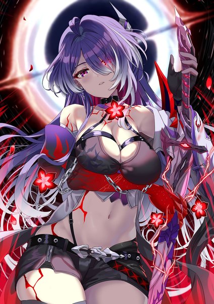 Anime picture 1414x2000 with honkai: star rail honkai (series) acheron (honkai: star rail) xephonia single long hair tall image looking at viewer fringe breasts light erotic large breasts purple hair head tilt pink eyes hair over one eye midriff breast hold girl weapon