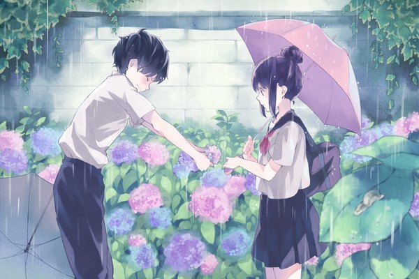 Anime picture 1500x1000 with original buuta blush fringe short hair black hair standing holding eyes closed black eyes rain skirt uniform flower (flowers) plant (plants) school uniform shirt serafuku umbrella pants