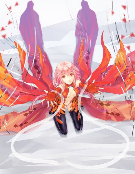 Anime picture 1200x1545 with guilty crown production i.g yuzuriha inori rakuhei (artist) single long hair tall image looking at viewer open mouth light erotic twintails bare shoulders pink hair pink eyes from above arms up shadow kneeling cleavage cutout center opening