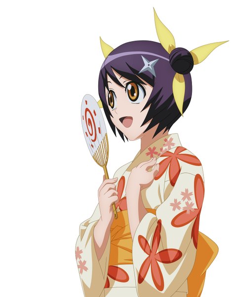 Anime picture 2500x3200 with himawari hinata himawari akiranyo single tall image highres short hair open mouth simple background smile white background brown eyes purple hair japanese clothes girl hair ornament bow hair bow fan yukata