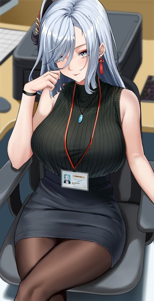 Anime picture 2300x4500 with genshin impact shenhe (genshin impact) piukute062 single long hair tall image looking at viewer fringe highres breasts blue eyes light erotic large breasts sitting bare shoulders silver hair indoors from above blurry hair over one eye