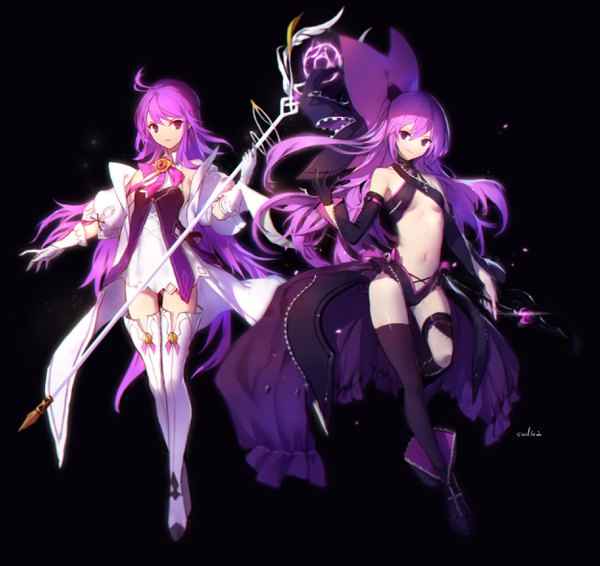 Anime-Bild 2500x2362 mit elsword aisha landar aether sage (elsword) swd3e2 single long hair looking at viewer fringe highres breasts open mouth light erotic simple background hair between eyes purple eyes bare shoulders holding signed purple hair full body