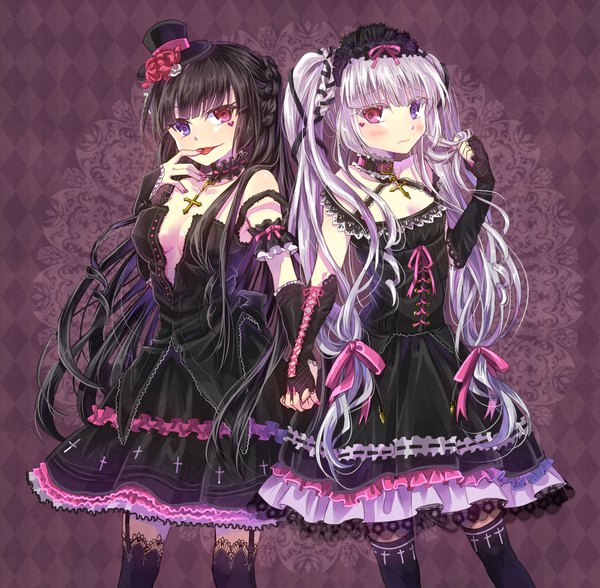 Anime picture 1100x1078 with original nekozuki yuki looking at viewer blush black hair multiple girls white hair very long hair heterochromia lolita fashion goth-loli girl thighhighs dress black thighhighs 2 girls hat frills headdress mini hat