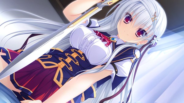 Anime picture 1920x1080 with justy nasty whirlpool (studio) onose mana mikagami mamizu long hair highres red eyes wide image game cg white hair girl uniform hair ornament ribbon (ribbons) weapon hair ribbon school uniform sword