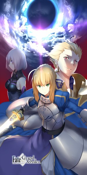 Anime picture 800x1600 with fate (series) fate/grand order fate/stay night type-moon artoria pendragon (all) saber mash kyrielight gilgamesh (fate) hews long hair tall image looking at viewer short hair blonde hair red eyes multiple girls holding green eyes sky purple hair
