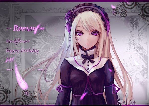 Anime picture 1253x900 with sound horizon violette wangchuan de quanyan single long hair looking at viewer blonde hair purple eyes signed inscription tattoo lolita fashion girl dress headscarf
