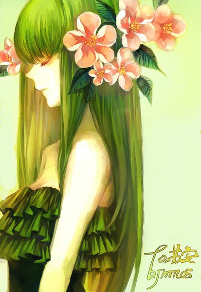 Anime picture 881x1280 with original moss (xieyun0322) single long hair tall image fringe simple background bare shoulders signed eyes closed profile hair flower green hair green background white skin girl hair ornament flower (flowers) leaf (leaves)
