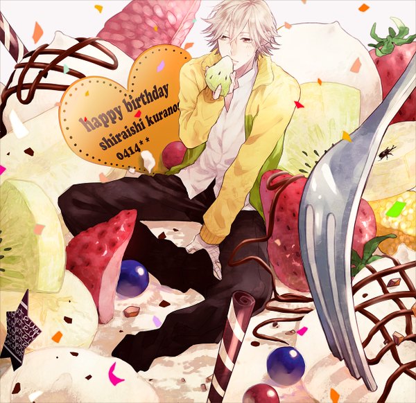 Anime picture 1214x1179 with prince of tennis shiraishi kuranosuke ueda (atsu) single short hair blonde hair sitting inscription grey eyes eating happy birthday boy food heart sweets star (symbol) bandage (bandages) fruit berry (berries) strawberry