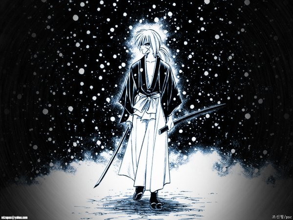 Anime picture 1280x960 with rurouni kenshin himura kenshin snowing winter snow tagme