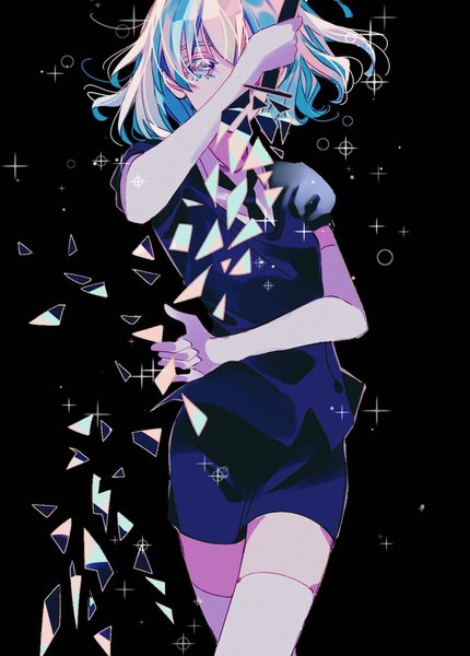 Anime picture 1178x1644 with houseki no kuni diamond (houseki no kuni) can (doubledis) single tall image looking at viewer short hair aqua eyes aqua hair puffy sleeves black background covering androgynous covering face thighhighs gloves weapon white thighhighs sword necktie