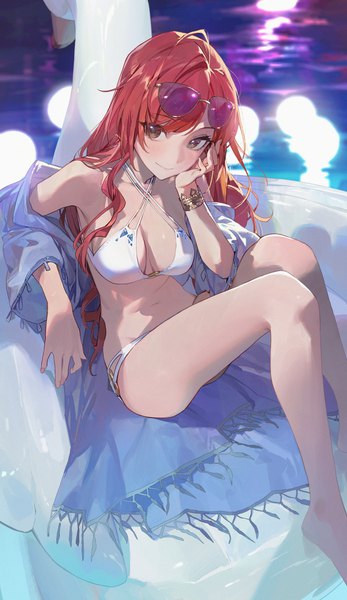 Anime picture 3482x6028 with idolmaster idolmaster shiny colors arisugawa natsuha modare single long hair tall image looking at viewer blush fringe highres breasts light erotic smile sitting brown eyes absurdres bent knee (knees) red hair head tilt