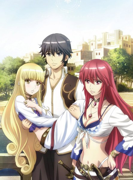 Anime picture 600x809 with tenkyou no alderamin yatorishino xam ikuta sorouku shamiyu kitora katovanmaninik long hair tall image looking at viewer blush fringe short hair breasts black hair blonde hair hair between eyes red eyes large breasts standing multiple girls holding yellow eyes