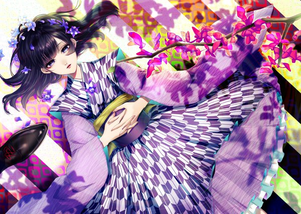 Anime picture 1192x850 with original ohagi (ymnky) looking at viewer fringe short hair black hair purple eyes lying traditional clothes parted lips japanese clothes hair flower from above shadow solo focus interlocked fingers yagasuri girl flower (flowers) petals