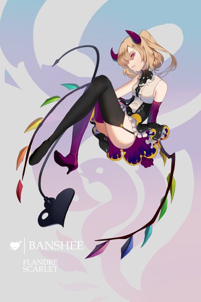 Anime picture 800x1200 with touhou flandre scarlet hillly (maiwetea) single tall image fringe short hair light erotic blonde hair red eyes horn (horns) hair over one eye high heels alternate costume character names one side up different thighhighs girl thighhighs weapon