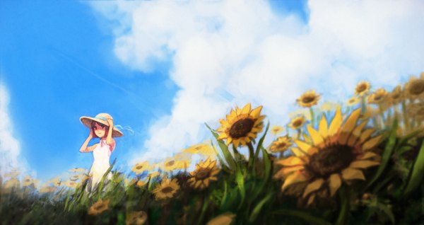 Anime picture 1500x795 with idolmaster hagiwara yukiho ekao single short hair brown hair wide image brown eyes sky cloud (clouds) landscape girl flower (flowers) hat sundress sunflower