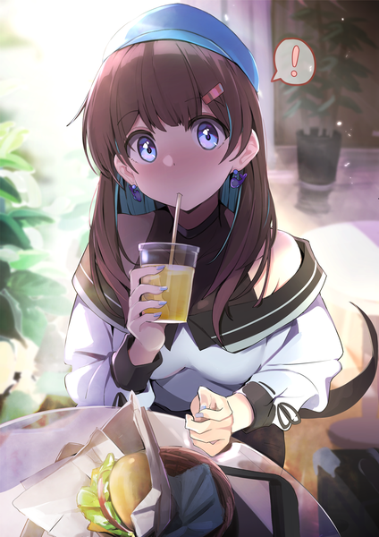 Anime picture 2894x4093 with original kazenoko single long hair tall image looking at viewer blush fringe highres breasts blue eyes brown hair sitting bare shoulders holding blunt bangs nail polish multicolored hair fingernails blurry