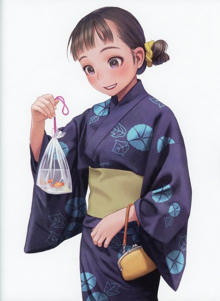 Anime picture 5092x6966 with futurelog (artbook) range murata single tall image highres short hair open mouth smile brown hair white background brown eyes absurdres traditional clothes japanese clothes fingernails scan wide sleeves floral print girl animal